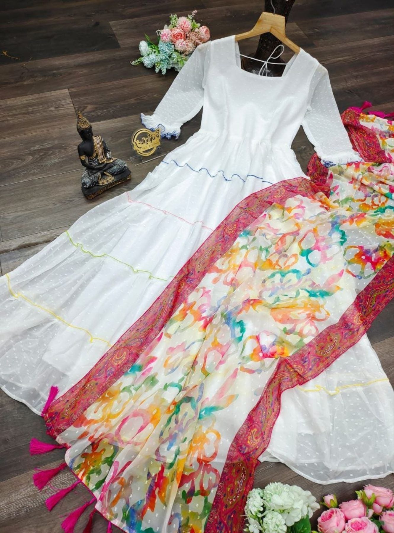 White Color Chiffon Anarkali Kurti With Dupatta - Femenica