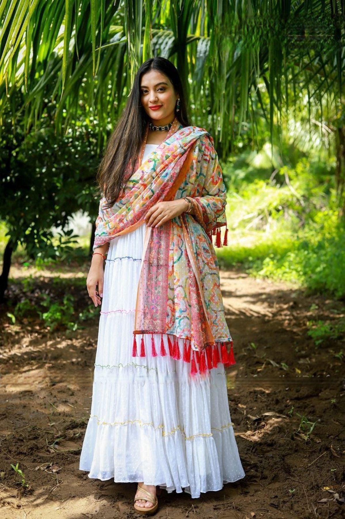 White Color Chiffon Anarkali Kurti With Dupatta - Femenica