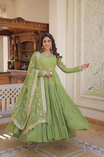 Unique Coloured Faux Georgette with Embroidered work Gown With Dupatta - Femenica