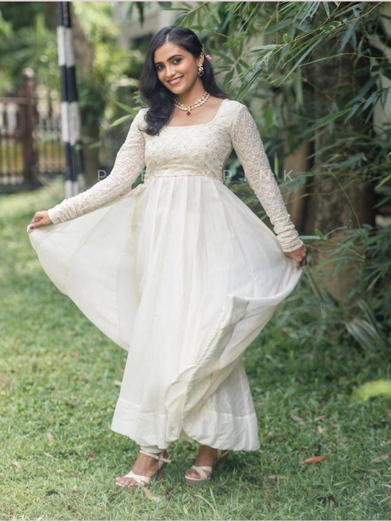 White Georgette Embroidery Work Anarkali Gown - Femenica