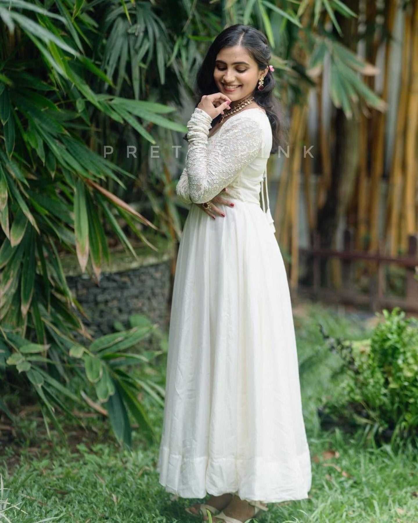 White Georgette Embroidery Work Anarkali Gown - Femenica