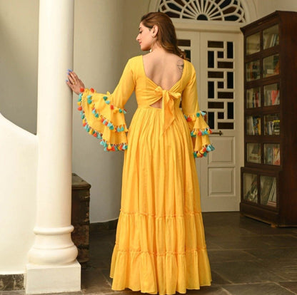 Yellow Georgette Fancy Pattern flair Gown - Femenica